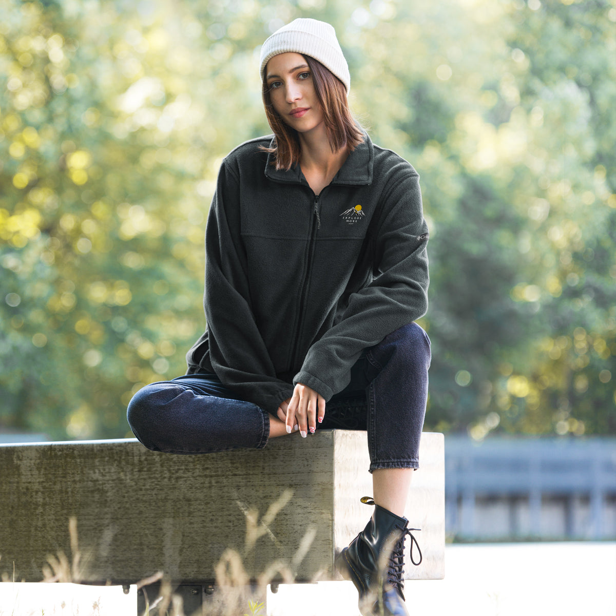 Explore More Columbia fleece jacket in black, front view