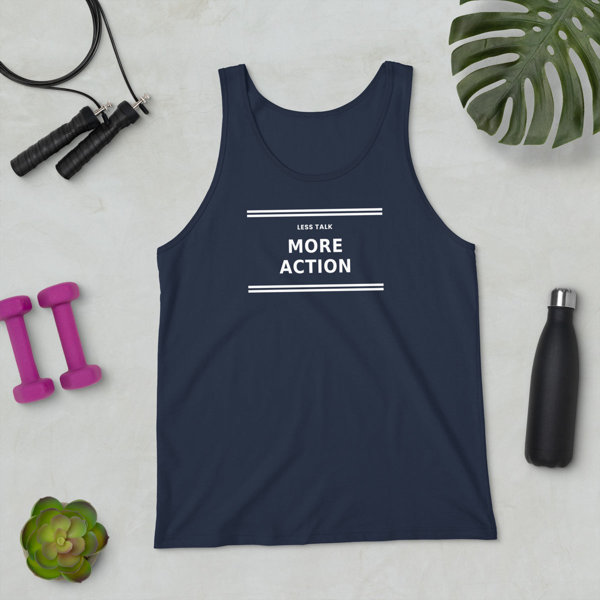 Less Talk, More Action - Unisex Tank Top, Navy, front view