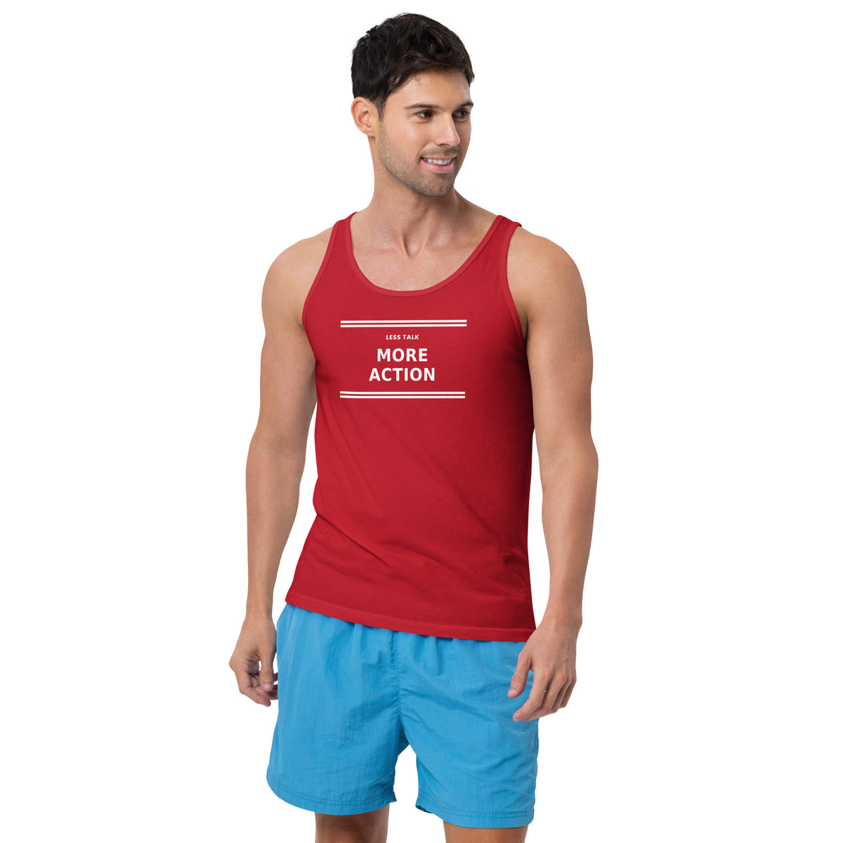 Less Talk, More Action - Unisex Tank Top, Red, front view